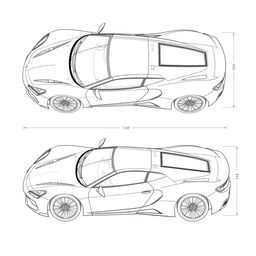 A detailed blueprint of a modern sports car, featuring top and right side views without any duplicates