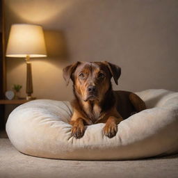 Illustrate a restless brown dog lying in his comfy dog bed, eyes open wide, unable to sleep, bathed in the soft glow of a nearby night lamp.