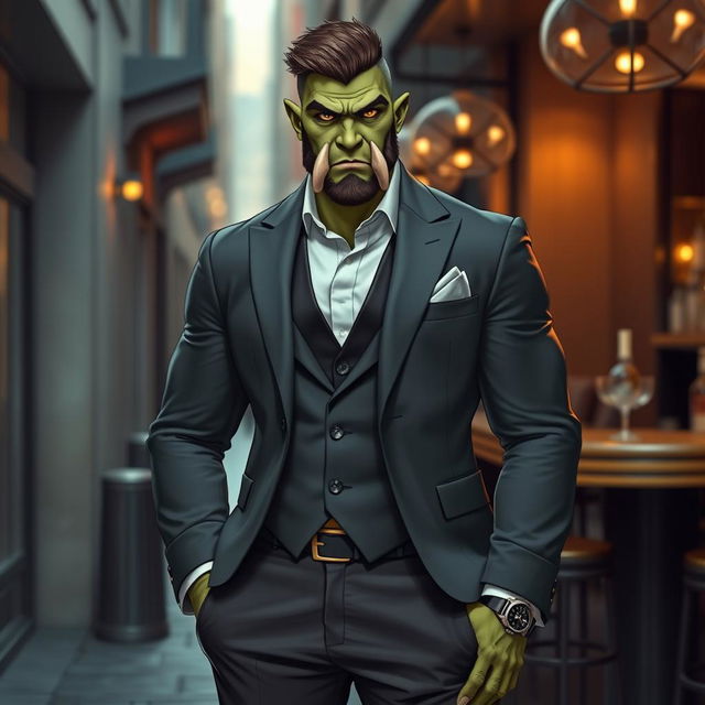 A stylish half-orc male standing confidently, wearing a well-tailored, modern suit that highlights his muscular build