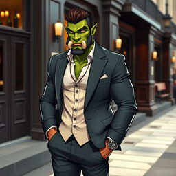 A stylish half-orc male standing confidently, wearing a well-tailored, modern suit that highlights his muscular build