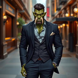 A stylish half-orc male standing confidently, wearing a well-tailored, modern suit that highlights his muscular build