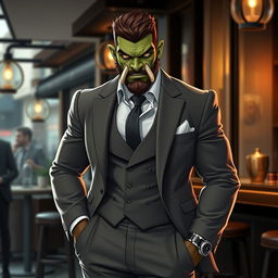 A stylish half-orc male standing confidently, wearing a well-tailored, modern suit that highlights his muscular build