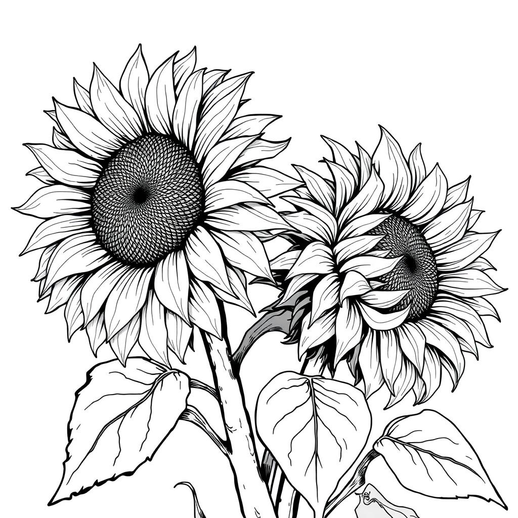 A black and white illustration inspired by Van Gogh's sunflowers, capturing the iconic swirling patterns and bold shapes of the flowers