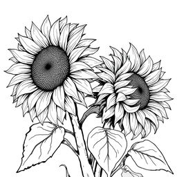 A black and white illustration inspired by Van Gogh's sunflowers, capturing the iconic swirling patterns and bold shapes of the flowers