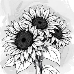 A black and white illustration inspired by Van Gogh's sunflowers, capturing the iconic swirling patterns and bold shapes of the flowers