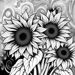 A black and white illustration inspired by Van Gogh's sunflowers, capturing the iconic swirling patterns and bold shapes of the flowers