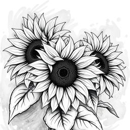 A black and white illustration inspired by Van Gogh's sunflowers, capturing the iconic swirling patterns and bold shapes of the flowers