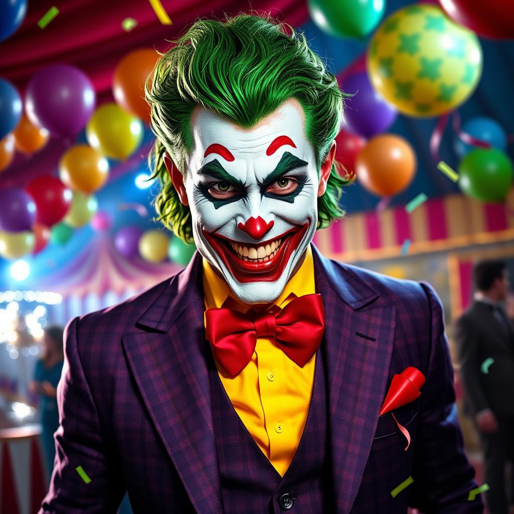 A striking portrayal of a classic joker character, featuring vibrant green hair and a mischievous smile