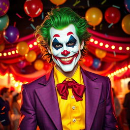 A striking portrayal of a classic joker character, featuring vibrant green hair and a mischievous smile