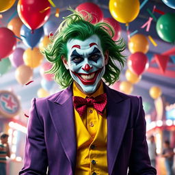 A striking portrayal of a classic joker character, featuring vibrant green hair and a mischievous smile