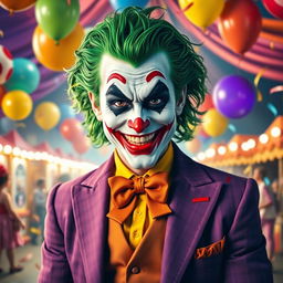 A striking portrayal of a classic joker character, featuring vibrant green hair and a mischievous smile