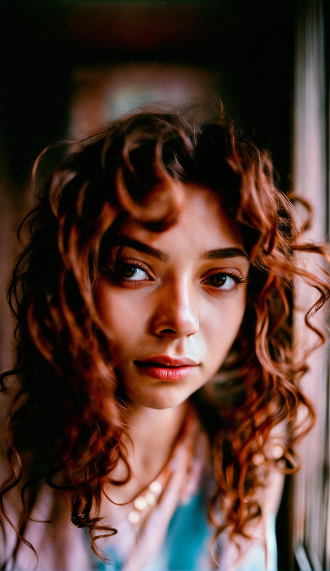 Portrait photograph of a young woman with hazel eyes and chestnut curls, taken with a Sigma 24mm lens at f/8 aperture. The background is blurred into soft pastels due to the wide-angle lens and aperture setting.