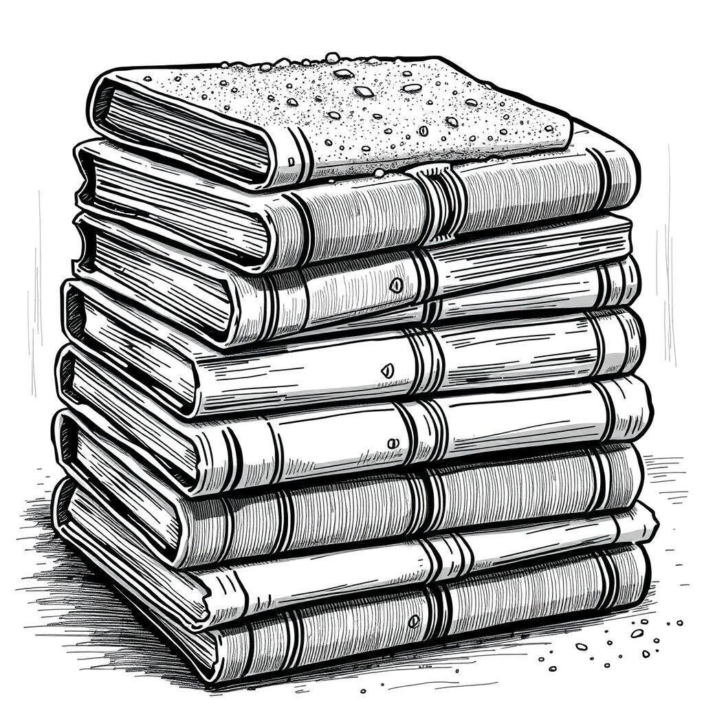 A black and white illustration of a stack of dusty books, showcasing the intricate details of their spines and covers, with visible dust particles settled on top