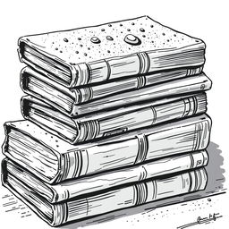 A black and white illustration of a stack of dusty books, showcasing the intricate details of their spines and covers, with visible dust particles settled on top