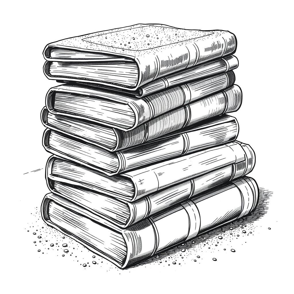 A black and white illustration of a stack of dusty books, showcasing the intricate details of their spines and covers, with visible dust particles settled on top