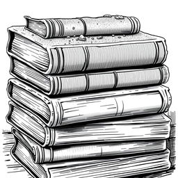 A black and white illustration of a stack of dusty books, showcasing the intricate details of their spines and covers, with visible dust particles settled on top