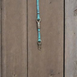 A dog leash casually hanging on a rustic wooden door