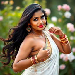 A confident and beautiful Indian woman posing gracefully, highlighting her curvy figure and strong presence