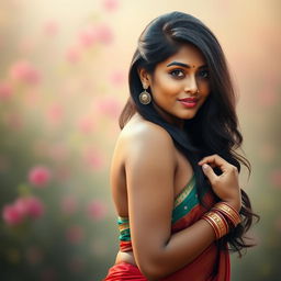 A strikingly beautiful Indian woman posing confidently, emphasizing her voluptuous figure and curvy silhouette