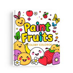 A delightful and playful book cover design for a children's coloring book titled "Paint Fruits"