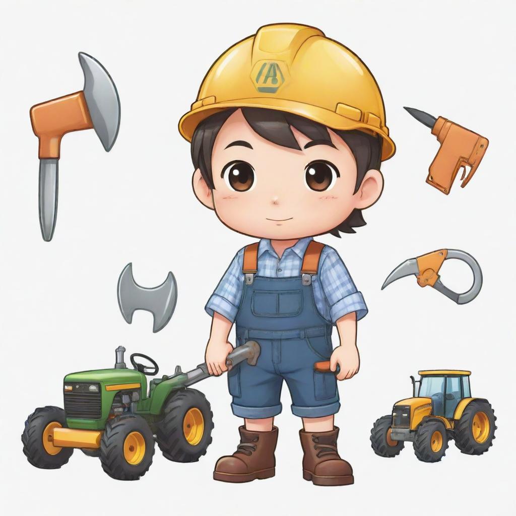 A chibi style character practicing agricultural engineering, including prominent tools and machinery, set against a transparent background.