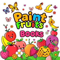 A delightful and playful book cover design for a children's coloring book titled "Paint Fruits"