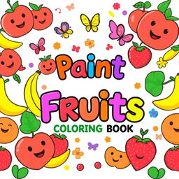 A delightful and playful book cover design for a children's coloring book titled "Paint Fruits"