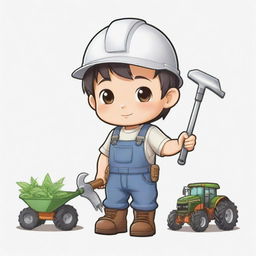 A chibi style character practicing agricultural engineering, including prominent tools and machinery, set against a transparent background.