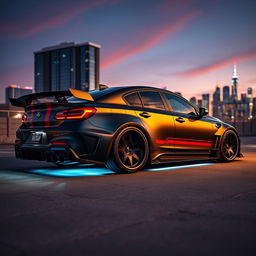 A stunning modified car parked in an urban setting at sunset, featuring a sleek aerodynamic body kit, bold racing stripes, and an eye-catching matte black paint job