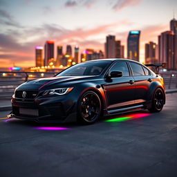 A stunning modified car parked in an urban setting at sunset, featuring a sleek aerodynamic body kit, bold racing stripes, and an eye-catching matte black paint job