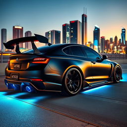 A stunning modified car parked in an urban setting at sunset, featuring a sleek aerodynamic body kit, bold racing stripes, and an eye-catching matte black paint job