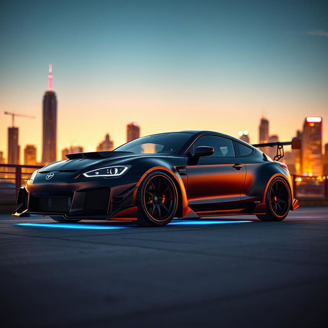 A stunning modified car parked in an urban setting at sunset, featuring a sleek aerodynamic body kit, bold racing stripes, and an eye-catching matte black paint job