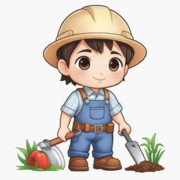 A chibi style character practicing agricultural engineering, including prominent tools and machinery, set against a transparent background.