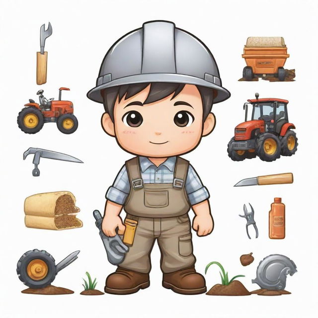 A chibi style character practicing agricultural engineering, including prominent tools and machinery, set against a transparent background.