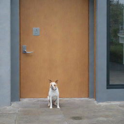 A modern door with a dog leashed to its handle, patiently waiting