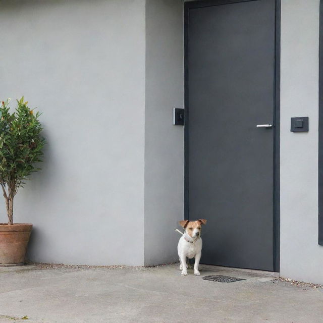 A modern door with a dog leashed to its handle, patiently waiting