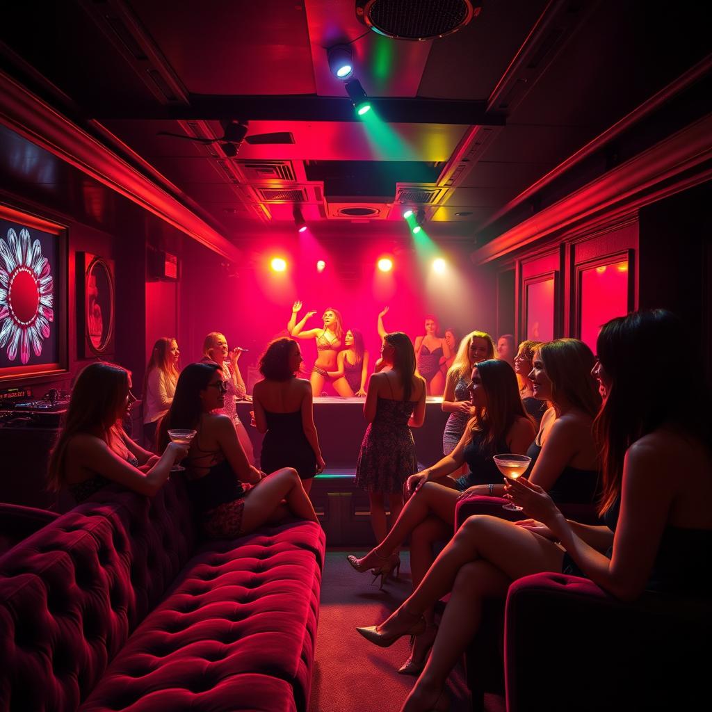 A secret women's nightclub, vibrant and energetic atmosphere, dimly lit with colorful neon lights casting a glamorous glow