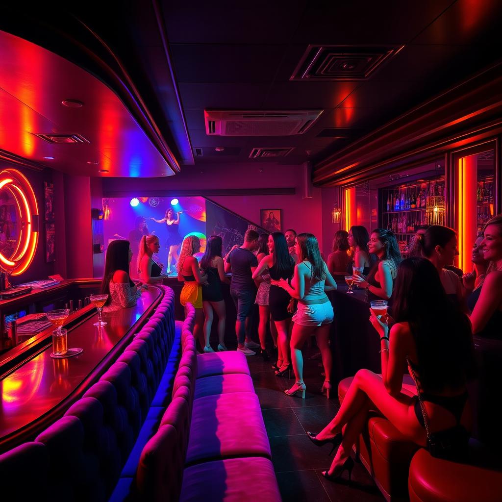 A secret women's nightclub, vibrant and energetic atmosphere, dimly lit with colorful neon lights casting a glamorous glow