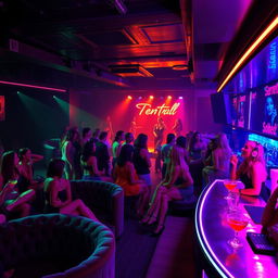 A secret women's nightclub, vibrant and energetic atmosphere, dimly lit with colorful neon lights casting a glamorous glow