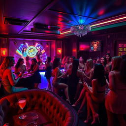 A secret women's nightclub, vibrant and energetic atmosphere, dimly lit with colorful neon lights casting a glamorous glow