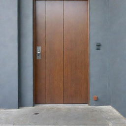 A modern door with a dog leashed to its handle, patiently waiting