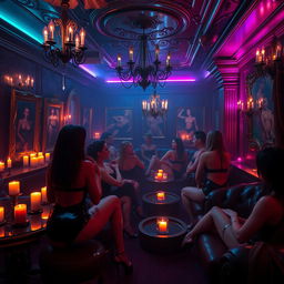 A vibrant, secret BDSM club scene filled with elegant, intricate designs and rich colors