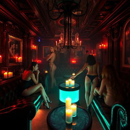 A vibrant, secret BDSM club scene filled with elegant, intricate designs and rich colors