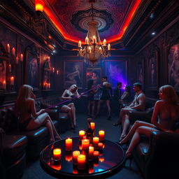 A vibrant, secret BDSM club scene filled with elegant, intricate designs and rich colors