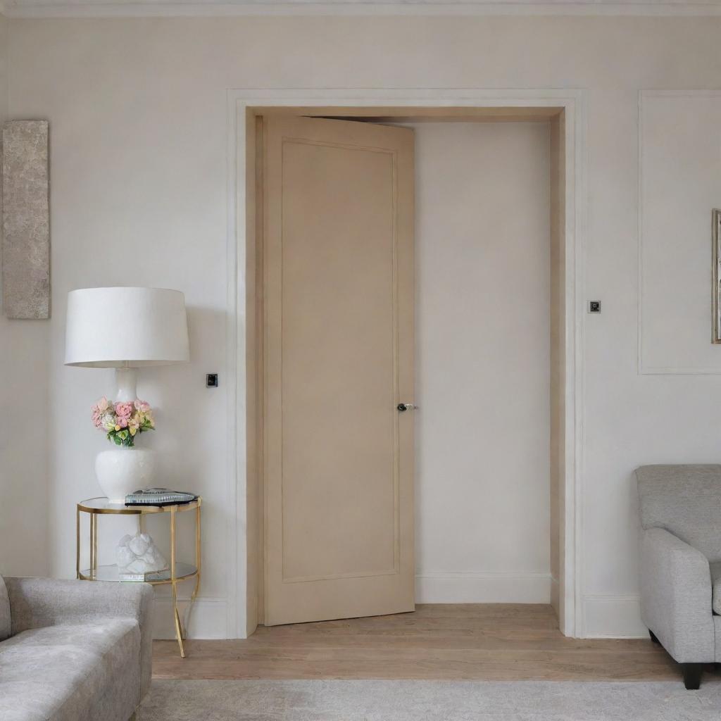 An elegant bedroom door leading to a stylishly decorated room