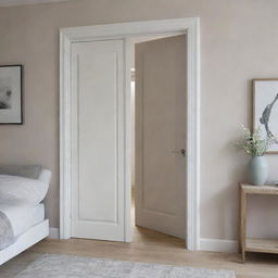 An elegant bedroom door leading to a stylishly decorated room