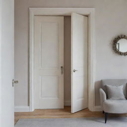 An elegant bedroom door leading to a stylishly decorated room