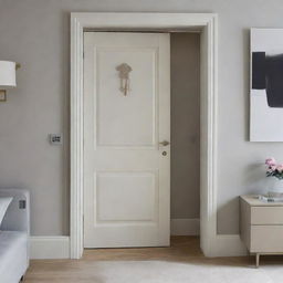 An elegant bedroom door leading to a stylishly decorated room