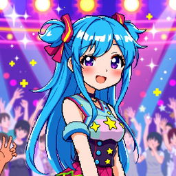 A vibrant pixel art rendition of Ai Hoshino from 'Oshi no Ko', featuring her distinctive long blue hair styled in two cute pigtails, her cheerful expression, and sparkling eyes