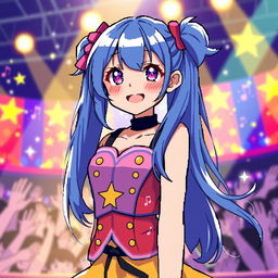 A vibrant pixel art rendition of Ai Hoshino from 'Oshi no Ko', featuring her distinctive long blue hair styled in two cute pigtails, her cheerful expression, and sparkling eyes